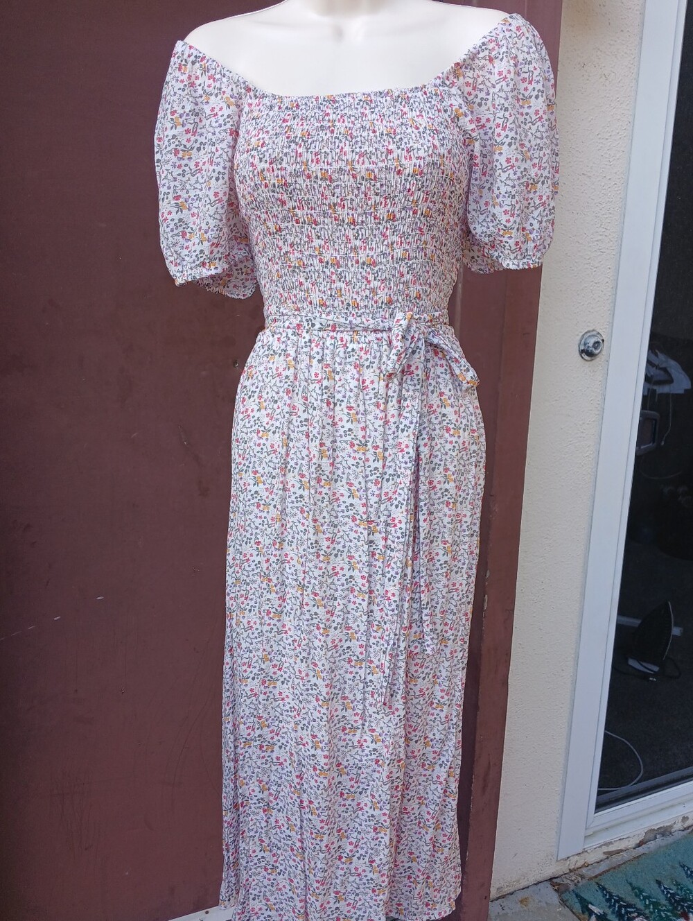 Indigo Rose Floral Midi Dress Smocked Bodice Puff Sleeve Size L